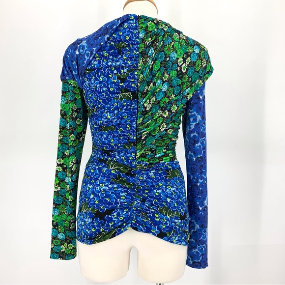 Zara NWOT Draped Blue and Green Printed Colour-blocked Long Sleeve Top, XS - Picture 6 of 16